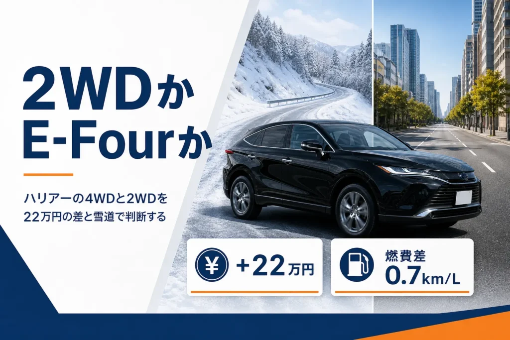 ハリアーの2WDとE-Fourの違いを価格差と燃費差で示したアイキャッチ