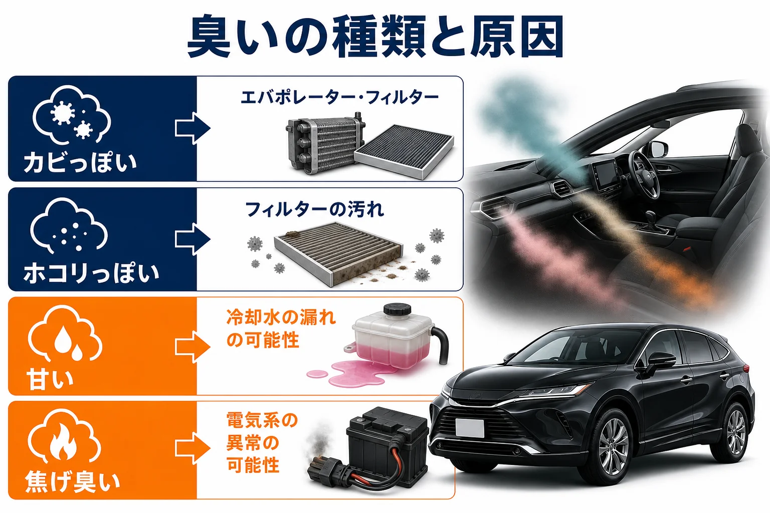 ハリアーのエアコンの臭いの種類と原因の図解