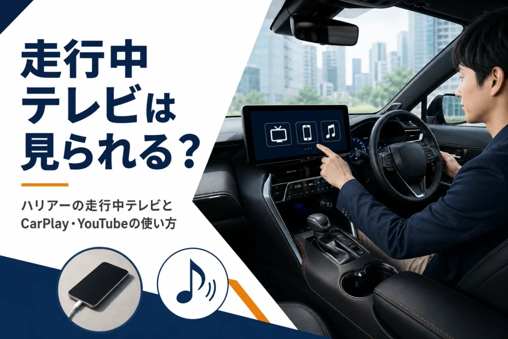 ハリアーのディスプレイオーディオで走行中テレビやCarPlayを使う方法を示したアイキャッチ