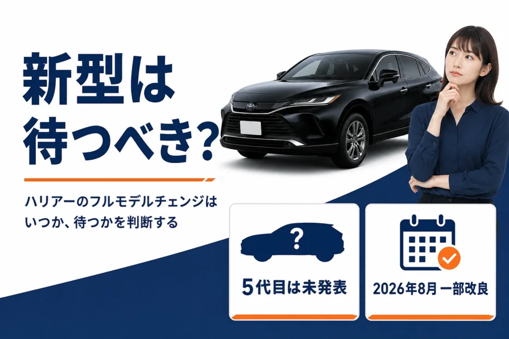 ハリアーのフルモデルチェンジが未発表であることと待つかの判断を示したアイキャッチ