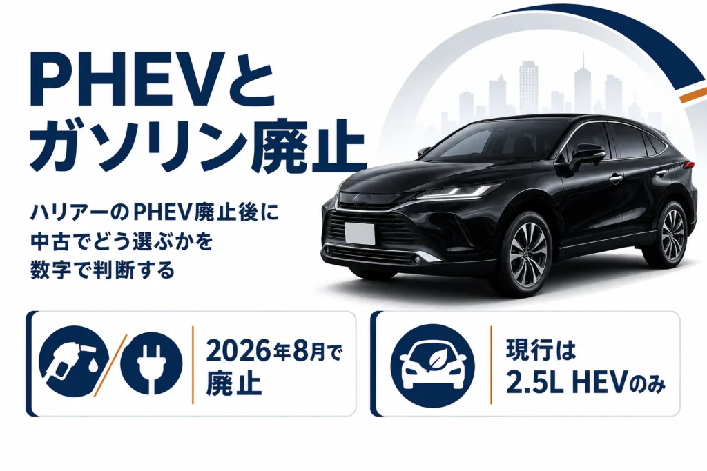 ハリアーのPHEVとガソリン車が廃止され現行がハイブリッドだけになったことを示すアイキャッチ