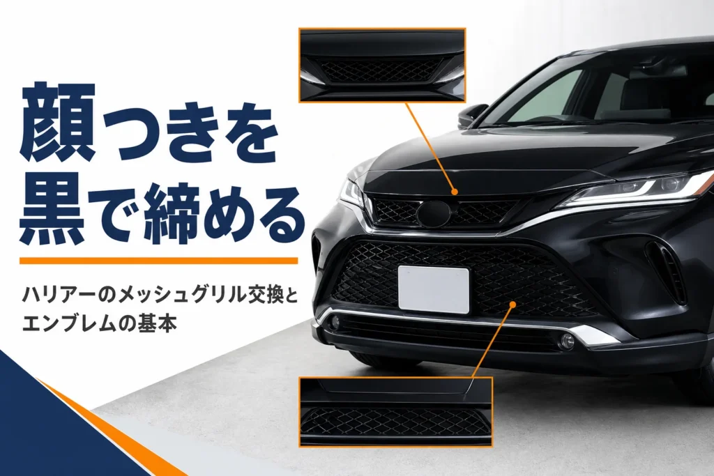 ハリアーのフロントまわりのメッシュグリルを示したアイキャッチ