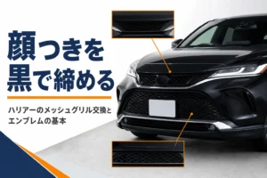 ハリアーのフロントまわりのメッシュグリルを示したアイキャッチ