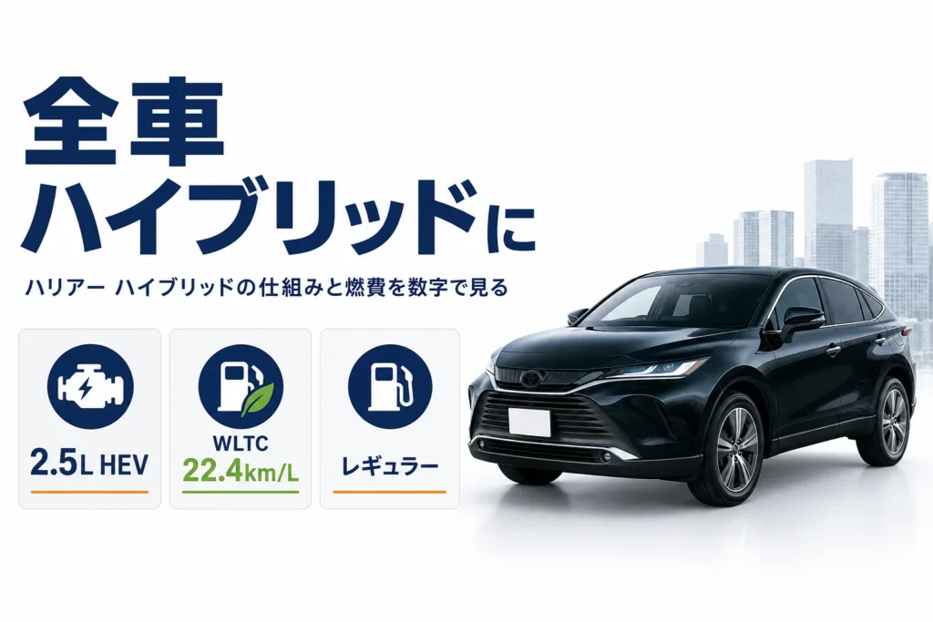 ハリアー ハイブリッドの排気量と燃費と燃料を示したアイキャッチ