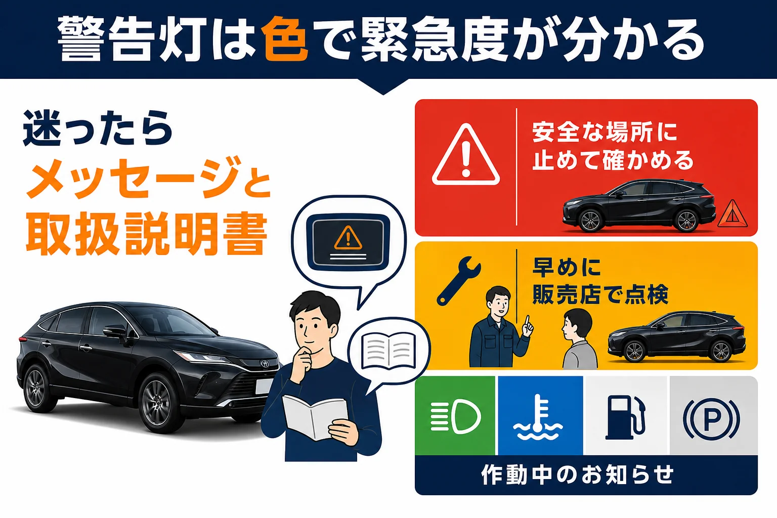 ハリアーの警告灯を赤・黄・緑の色別に分けた図解