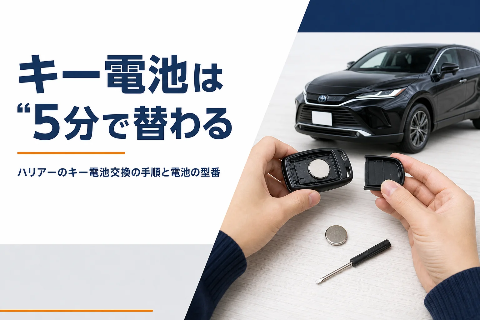 ハリアーのスマートキーを開いてボタン電池を交換するイメージのアイキャッチ