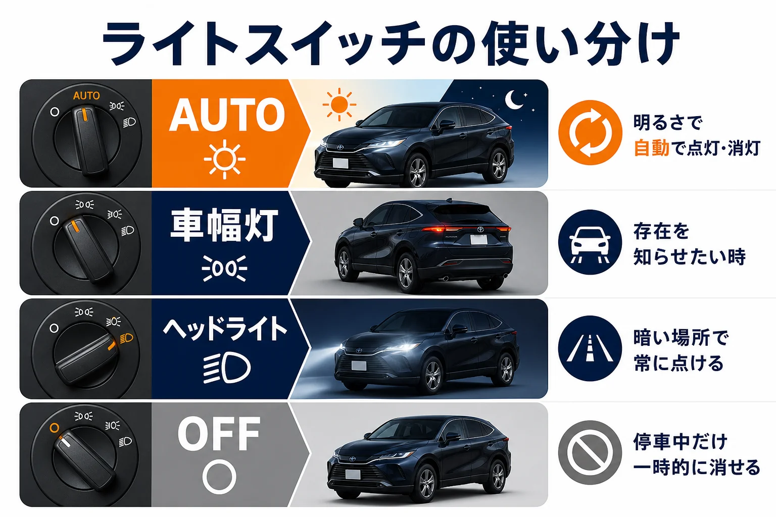 ハリアーのライトスイッチの位置と、停車中にライトを消す流れを並べた図解