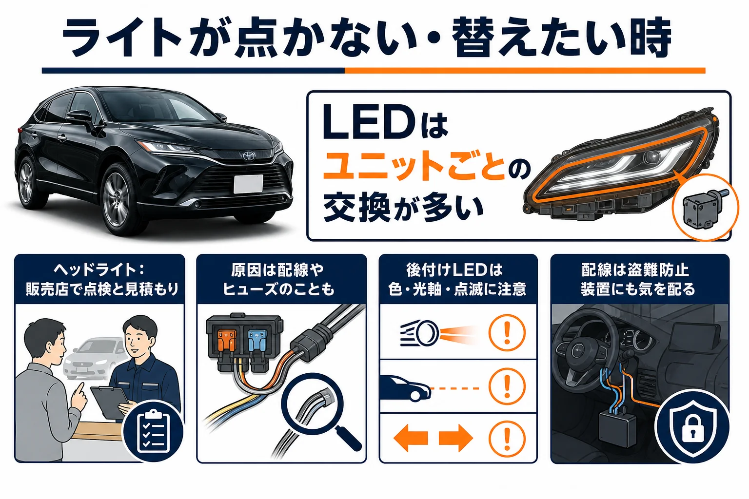 ハリアーのライト類の作りと、カスタムする前に確かめることを並べた図解
