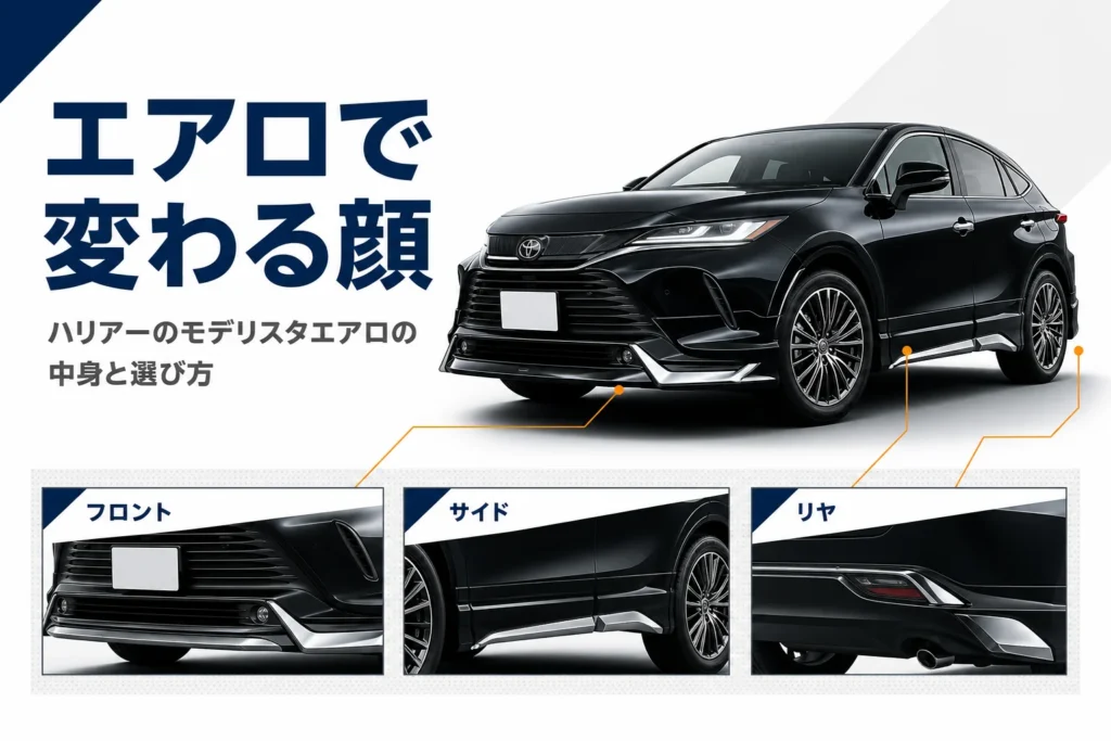 ハリアーにモデリスタエアロを付ける3つの部位を示したアイキャッチ