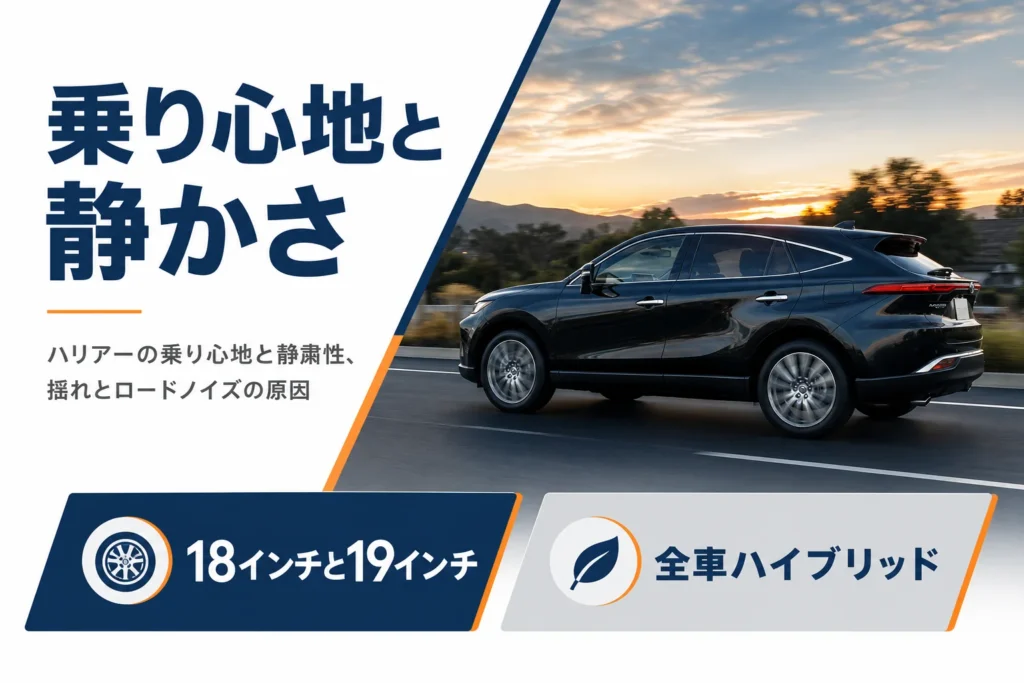 ハリアーの乗り心地と静かさをタイヤサイズとハイブリッドで示したアイキャッチ