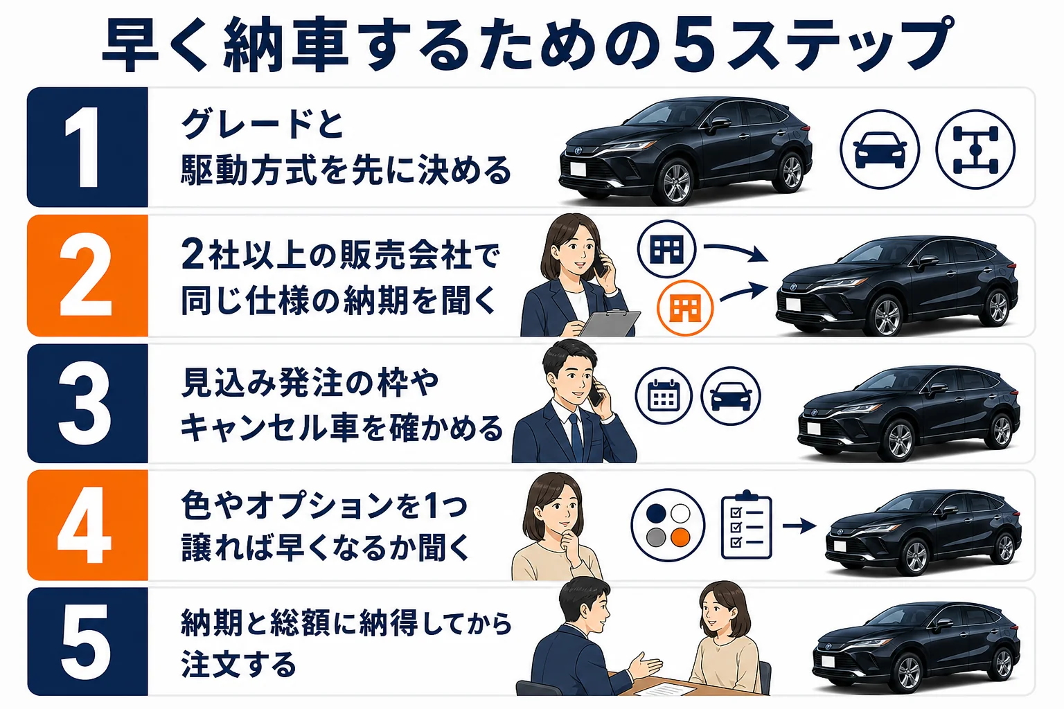 ハリアーを早く納車するための注文の進め方を5つの手順で示した図解