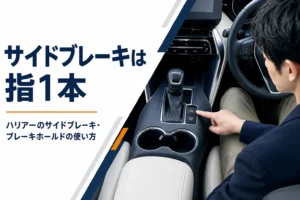 ハリアーのセンターコンソールで電動パーキングブレーキのスイッチを操作するイメージのアイキャッチ