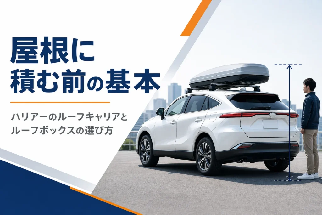 ハリアーの屋根にルーフキャリアとルーフボックスを載せた様子のアイキャッチ