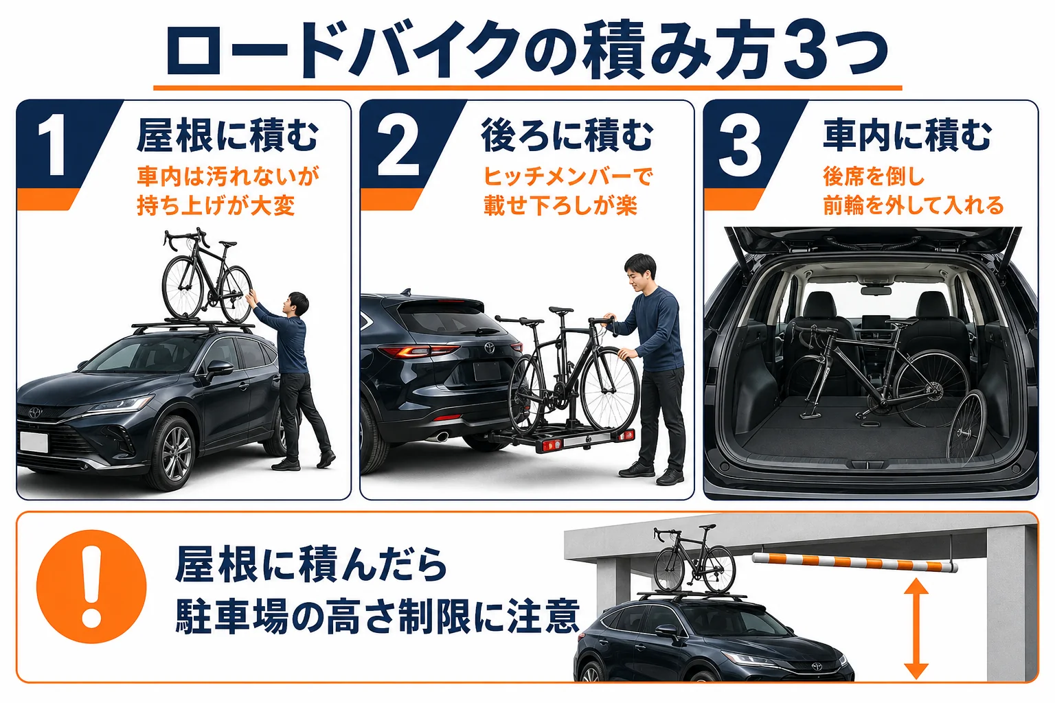 ハリアーにロードバイクを積む3つの方法を比べた図解