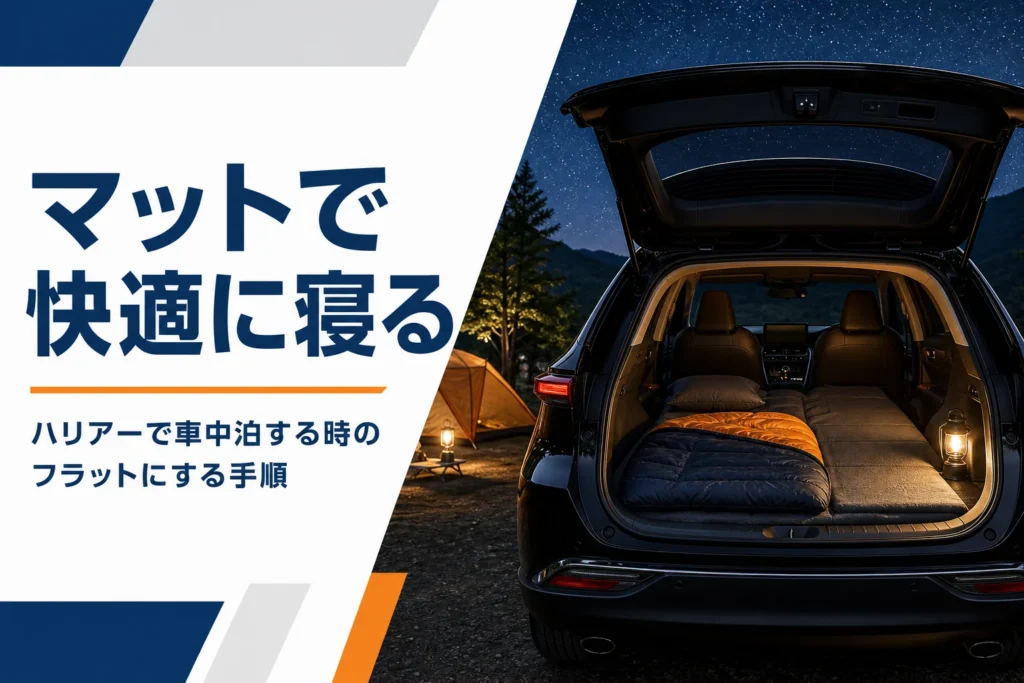 ハリアーの車内にマットを敷いて車中泊する様子のアイキャッチ