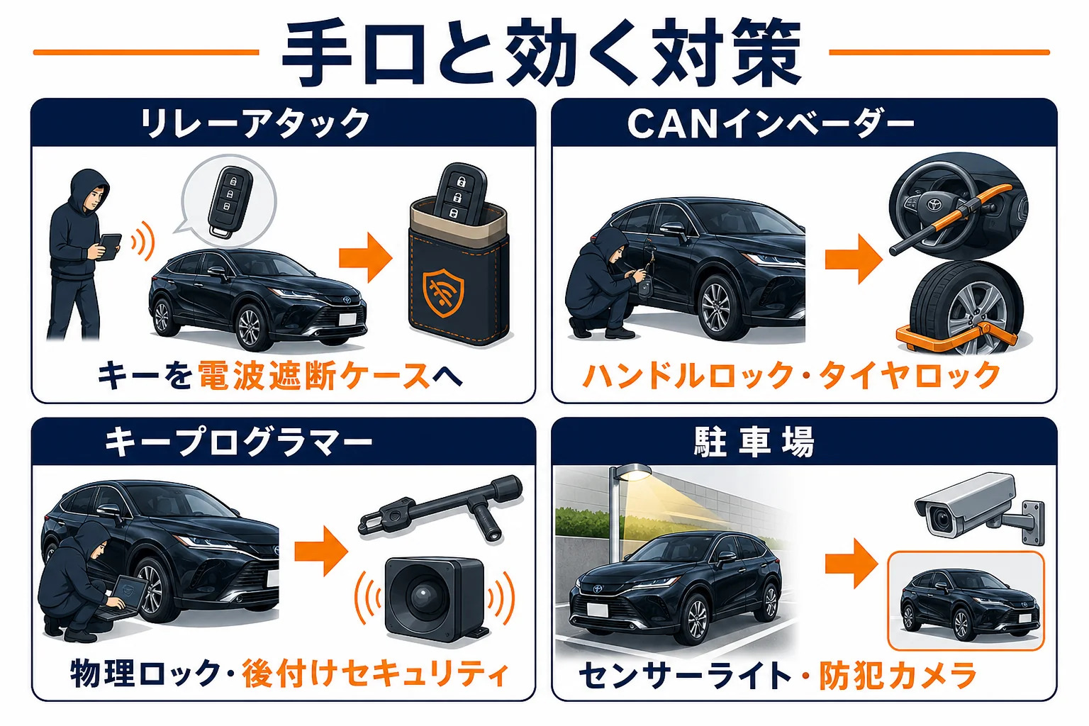 ハリアーの盗難の主な手口と効く対策を組み合わせた図解