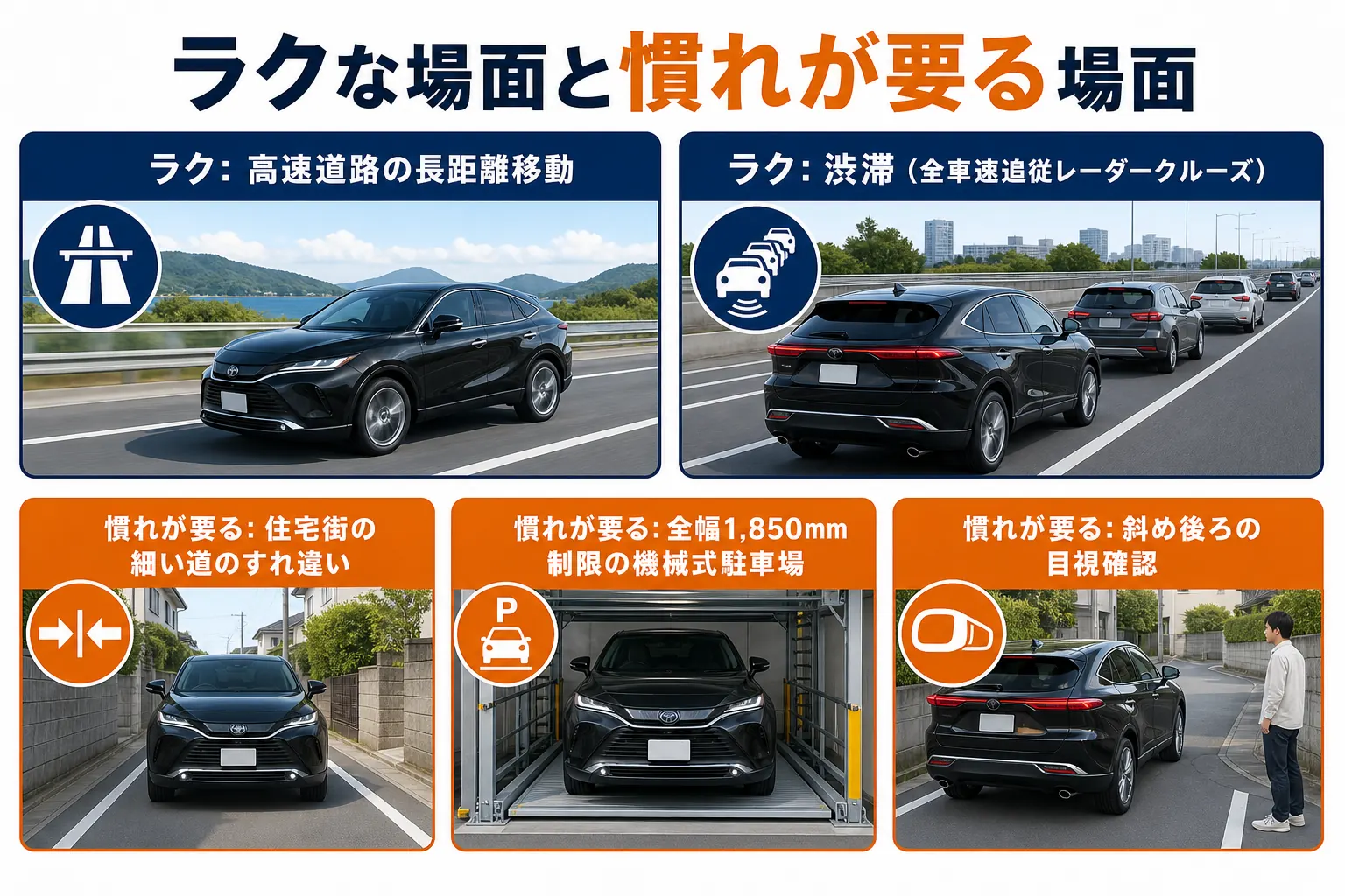 ハリアーが運転しやすい場面と慣れが要る場面を比べた図解