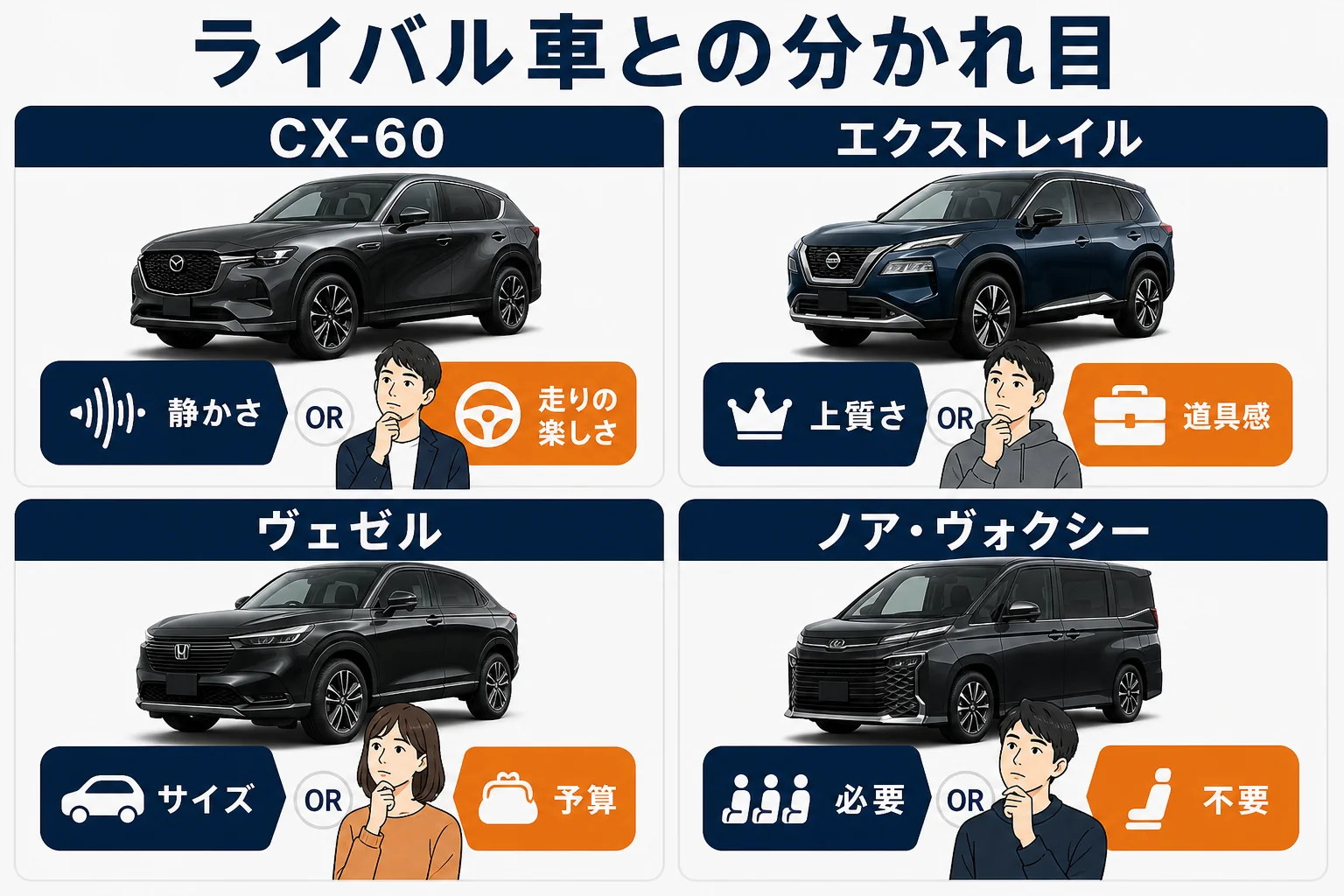 ハリアーとライバル車の選び方の軸を並べた図解