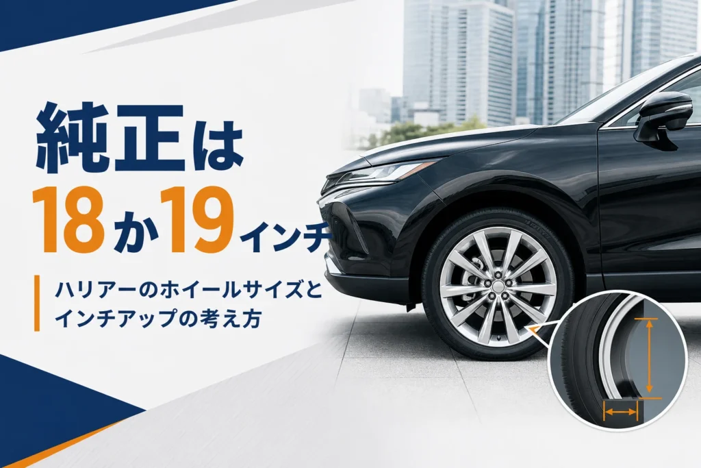 ハリアーのホイールサイズとタイヤの寸法を示したアイキャッチ